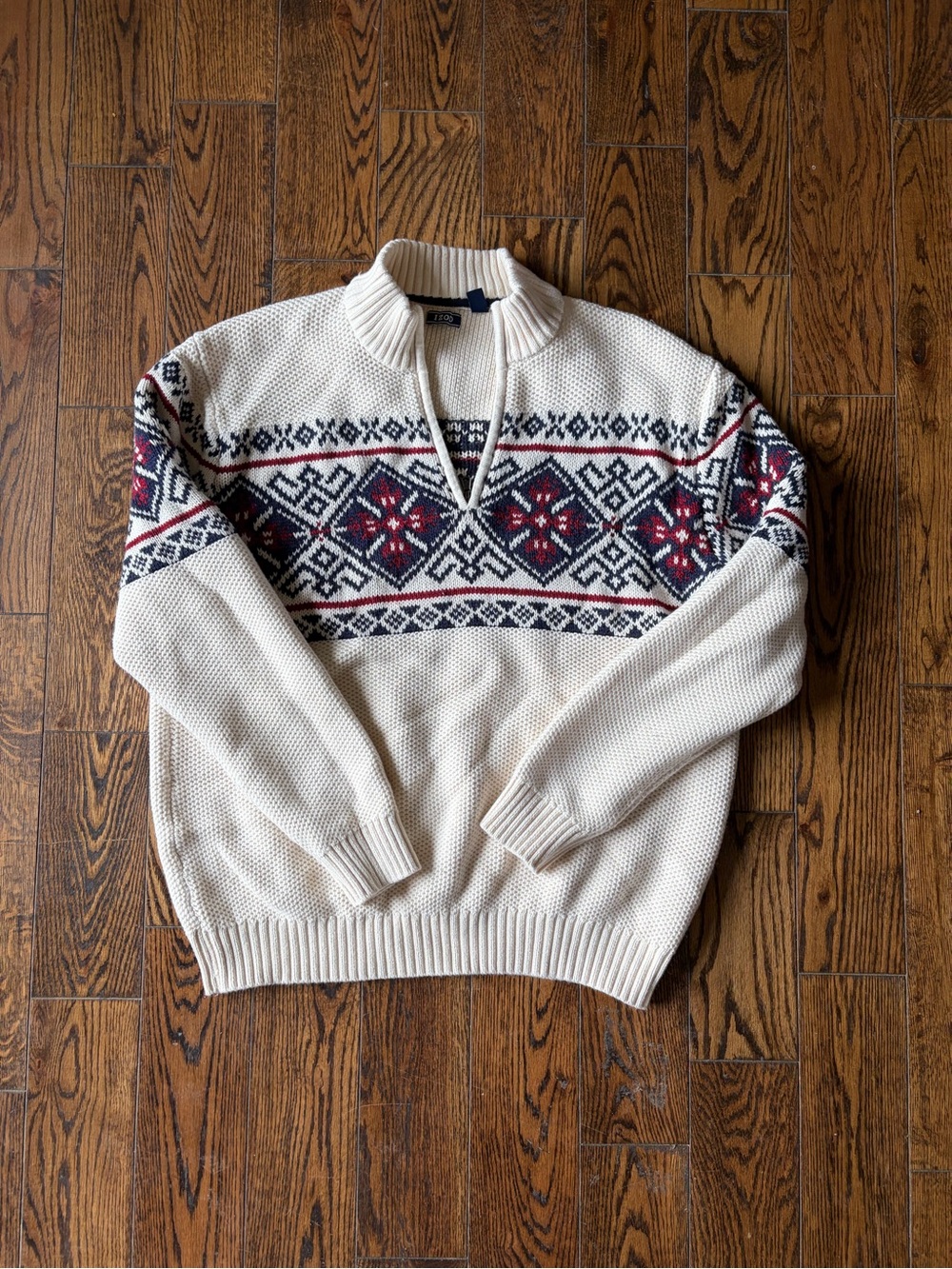 Izod Cream Zip-Up Fair Isle Sweater with Red & Navy Accents
